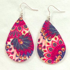 2 for $13 Peacock Glitter leather teardrop earring